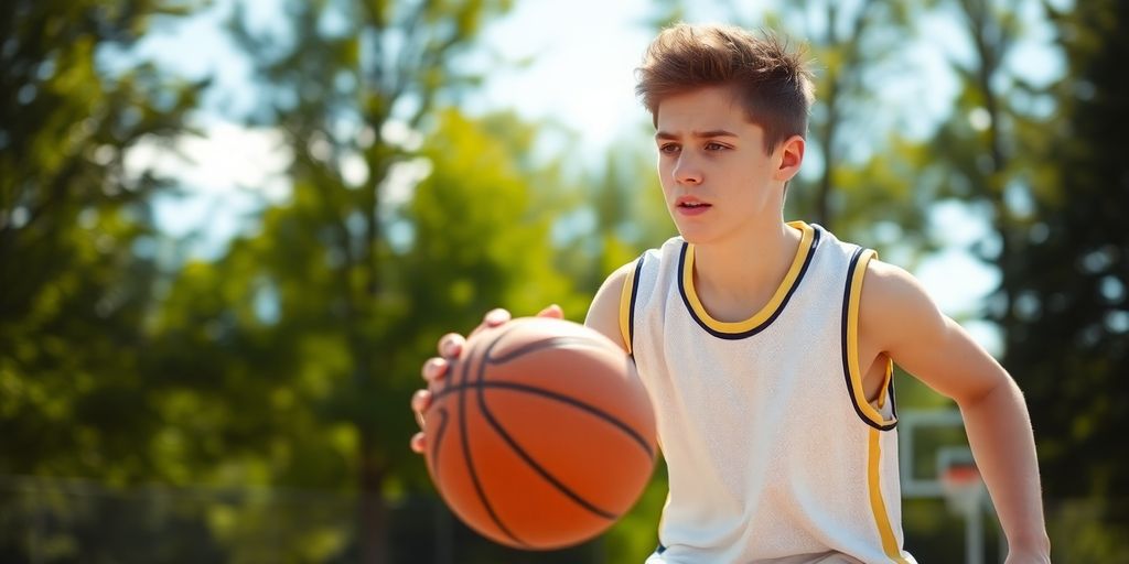 Teenager playing basketball.