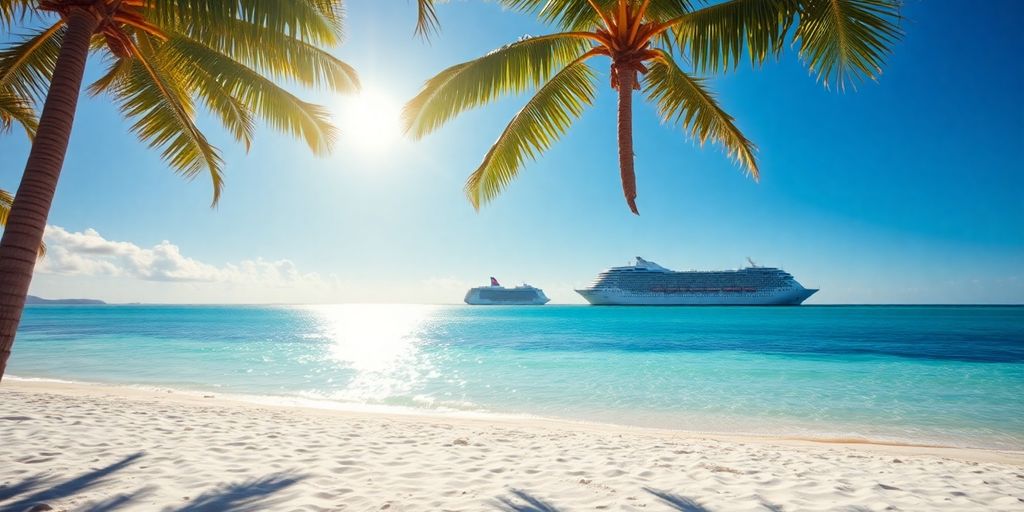 Palm trees, beach, ocean, and a cruise ship.