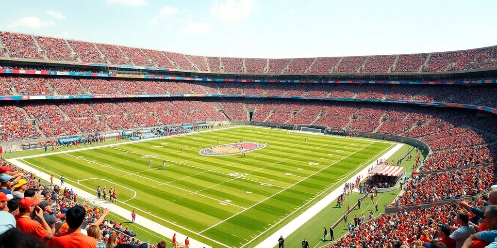 Football stadium with cheering fans.